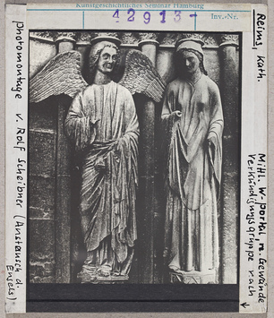 Vorschaubild Reims: Kathedrale, mittleres Westportal, Verkündigung (Fotomontage von Rolf Scheibner mit Austausch des Engels) 